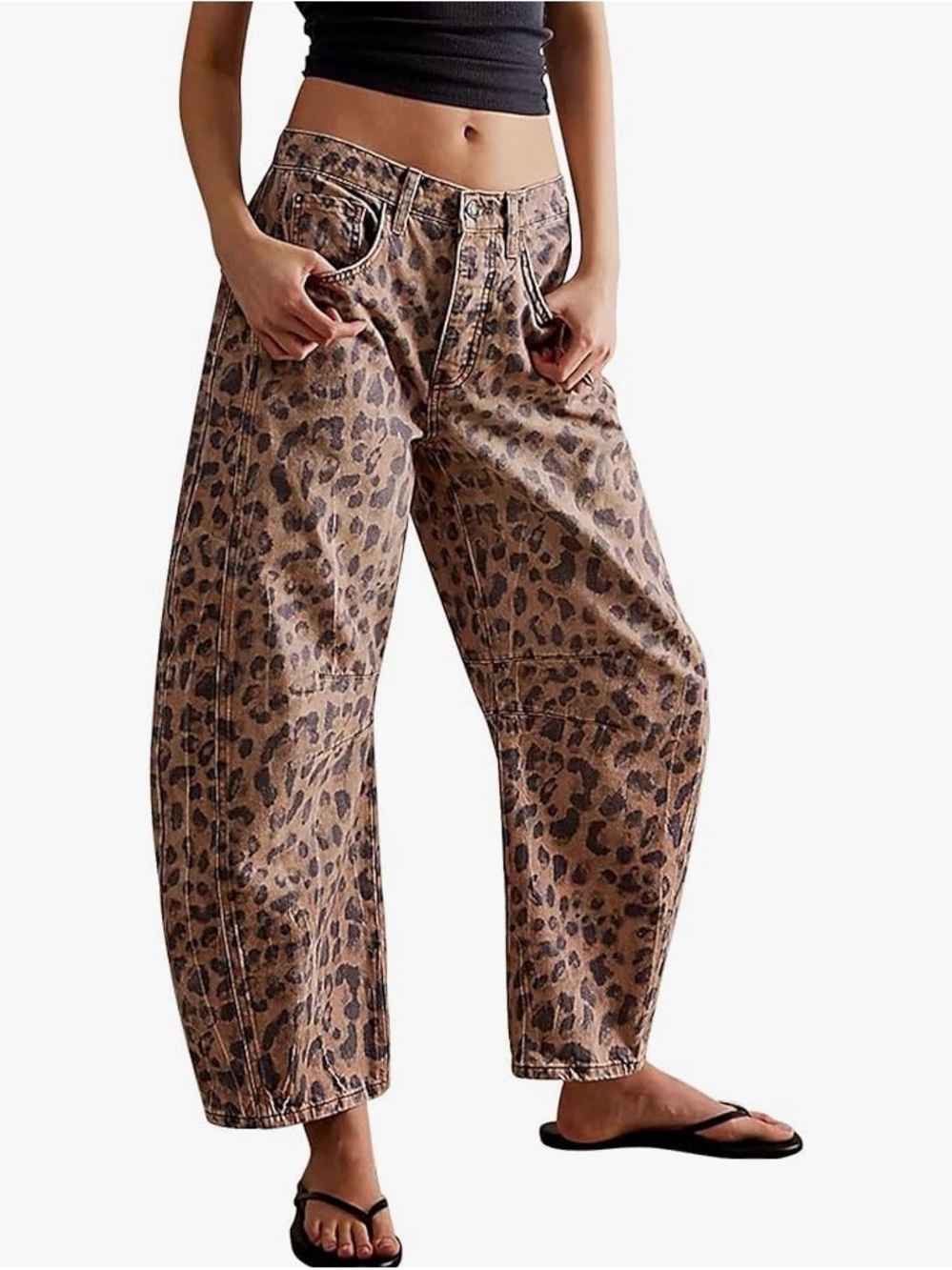 Leopard Print Wide-Leg Barrel Jeans